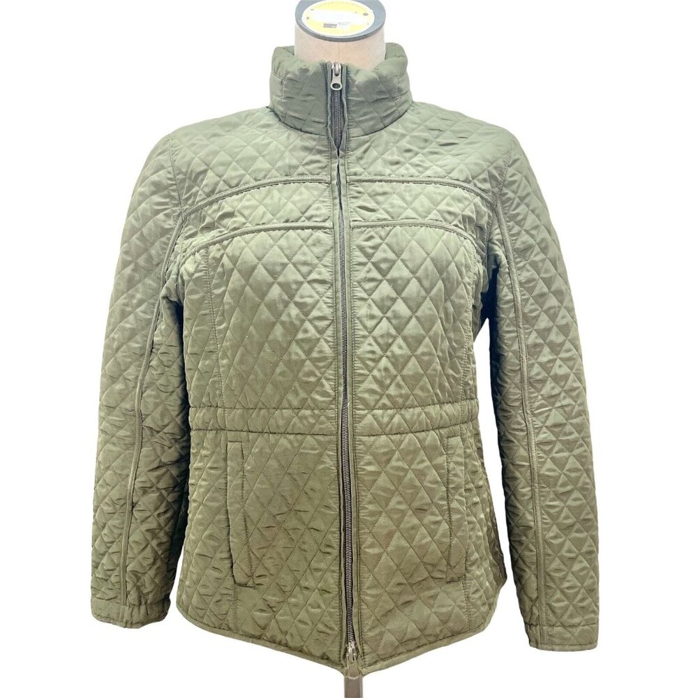 Classic Elements Quilted Olive Green Jacket High Collar Adjustable Hem Pockets
